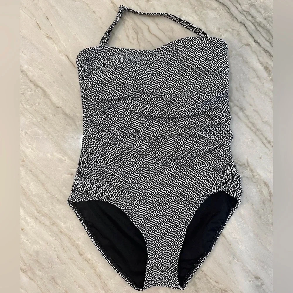 NWT DKNY One Piece Swim Suit Black and White Geometric Print Women’s size L - Picture 2 of 10